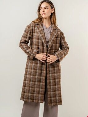 Tahari Plaid Trench Coat in Beige and Black